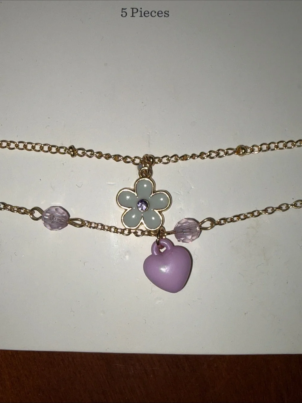 Cat & Jack Gold Tone Choker Set with Lavender Heart and Pastel Flower